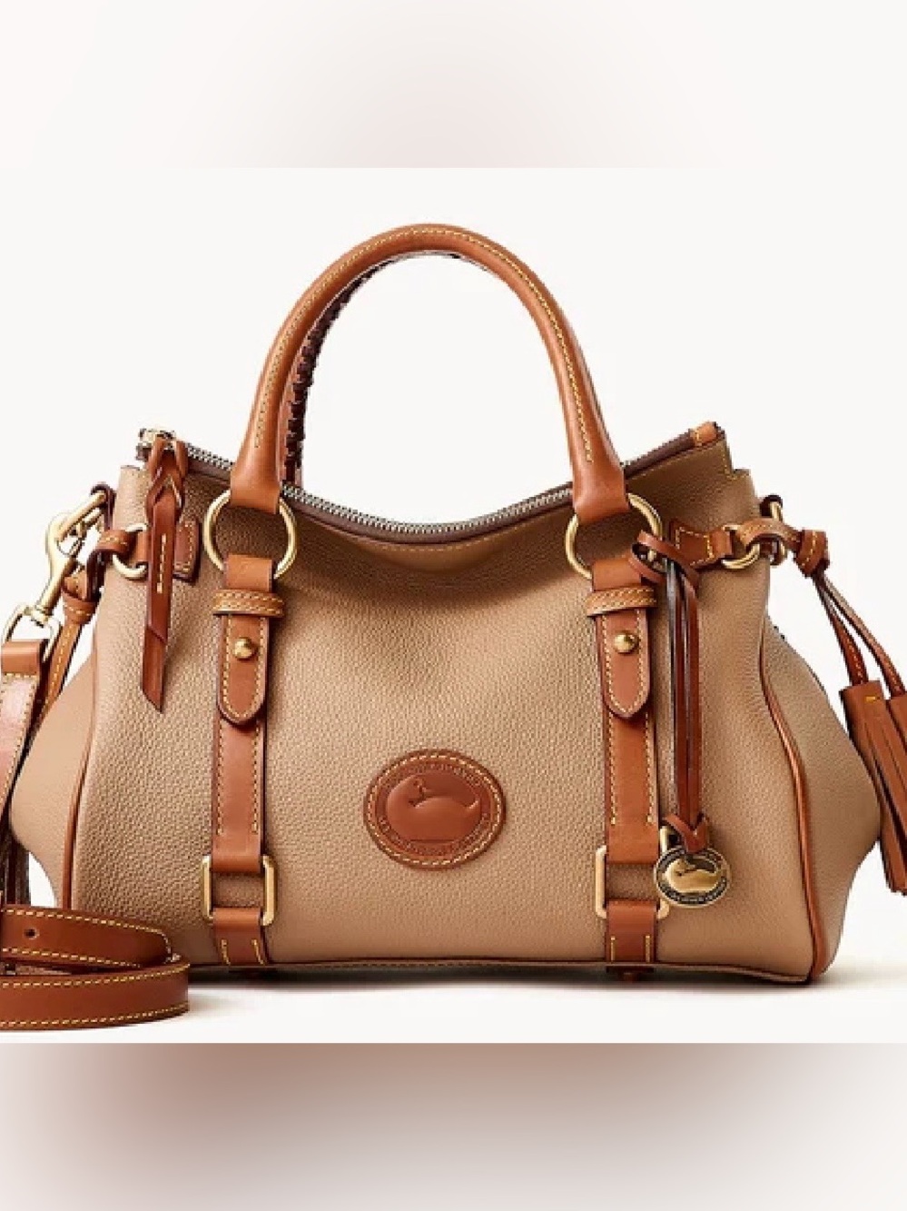 Dooney & Bourke Tan Pebbled Leather Satchel with Smooth Trim
